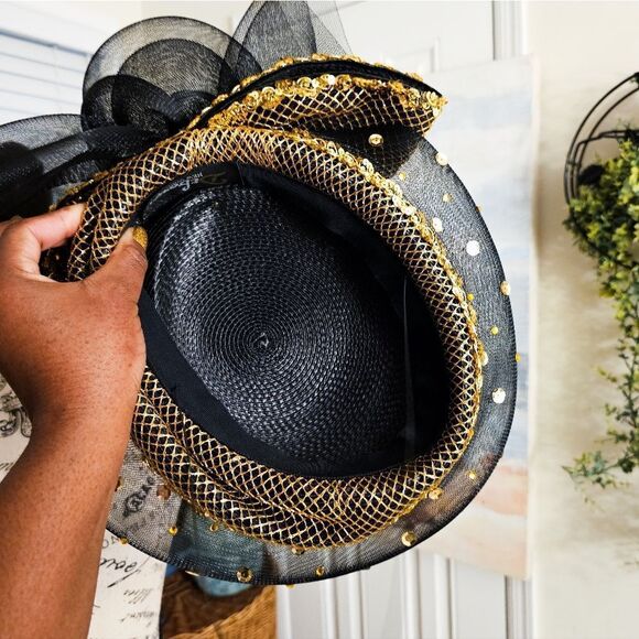 VTG Deborah New York Black & Gold Embellished Mesh Glamour Hat.